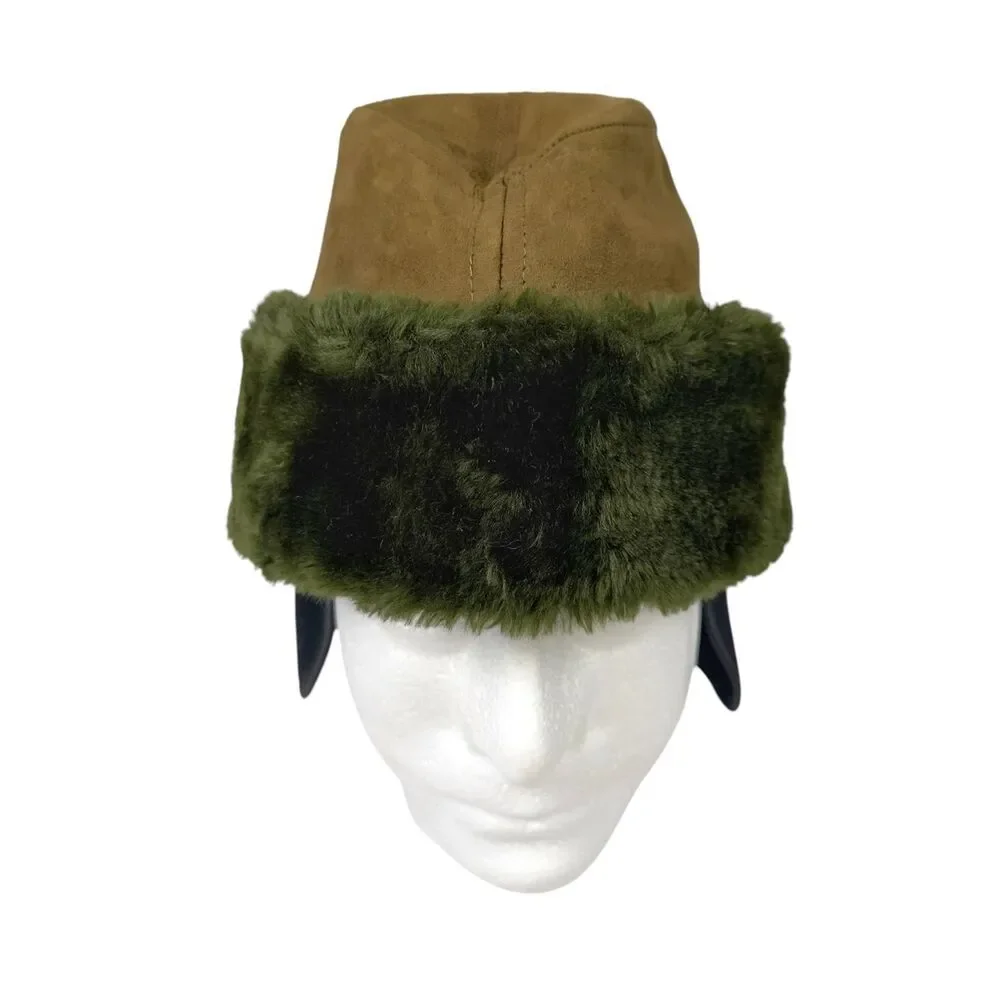 Vintage U.S. Military Cold Weather Cap Hat Faux Fur Trim Olive Brown Size Large